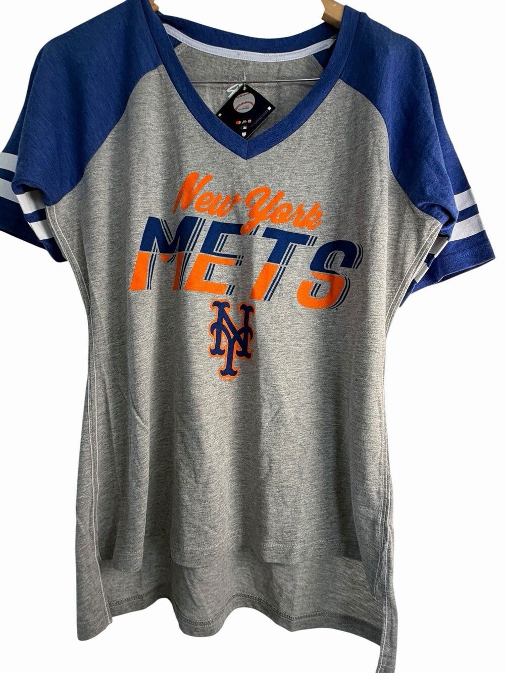 G-III Sports by Carl Banks New York Mets MLB V-Neck Raglan Shirt Gray Blue M
